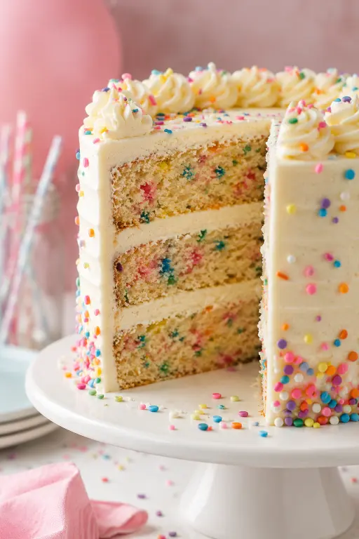 Slice of rainbow confetti birthday cake with frosting