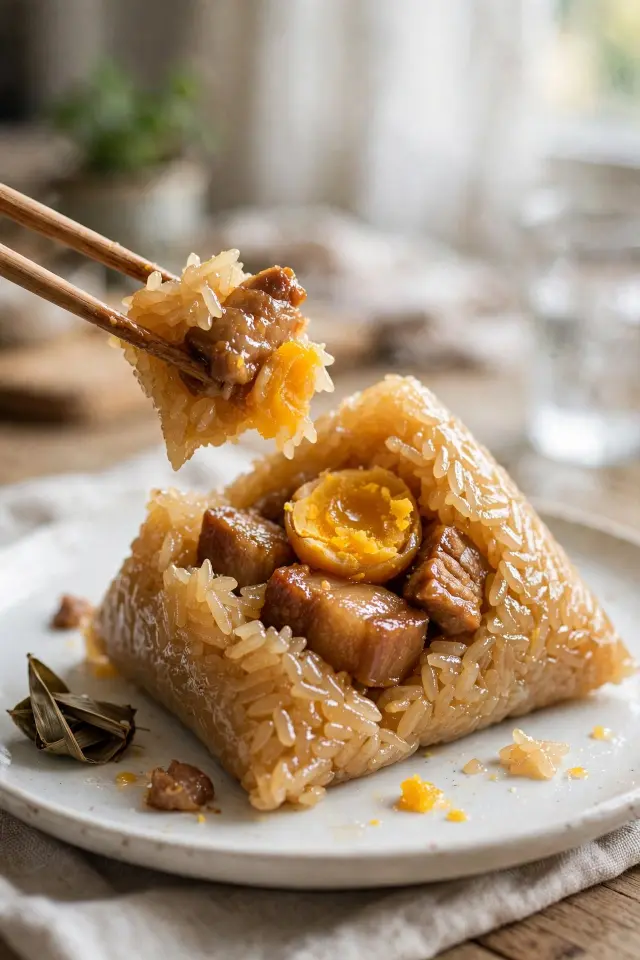 Close-up of an unwrapped zongzi showing sticky rice, pork and golden egg yolk