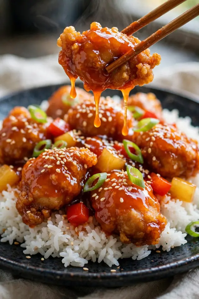 Close-up of plated sweet and sour chicken topped with sesame seeds and scallions