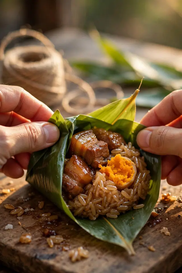 Hands folding a bamboo leaf around sticky rice filling to shape zongzi
