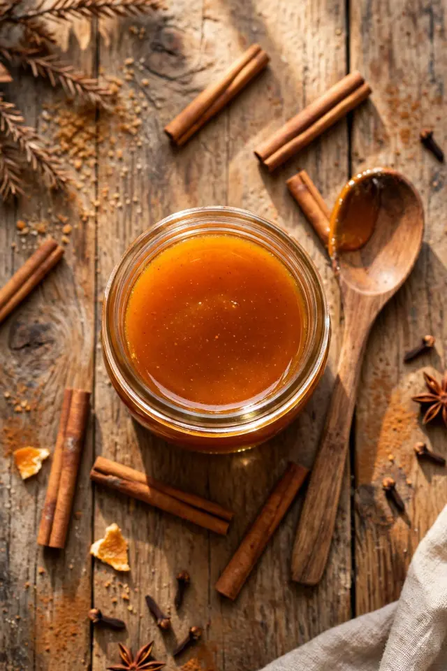 Homemade pumpkin spice syrup in a glass jar with cinnamon sticks