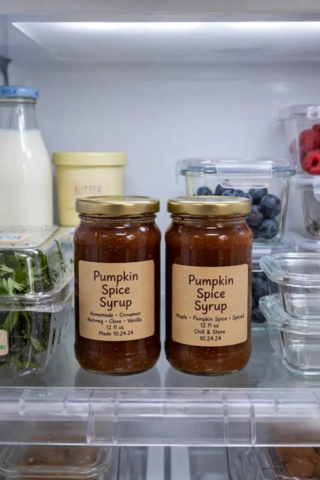 Homemade pumpkin spice syrup stored in labeled jars