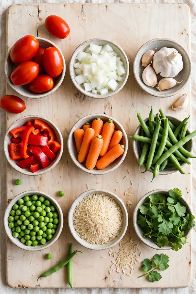 Ingredients for Guatemalan rice laid out on a wooden board including rice, tomatoes, and vegetables