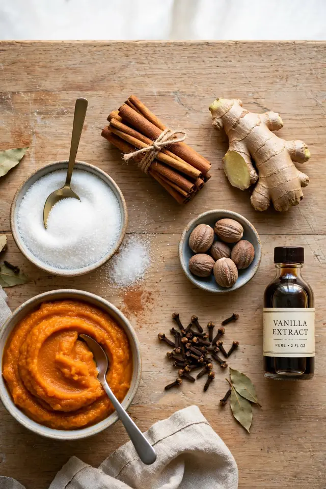 Ingredients for pumpkin spice syrup recipe laid out before cooking