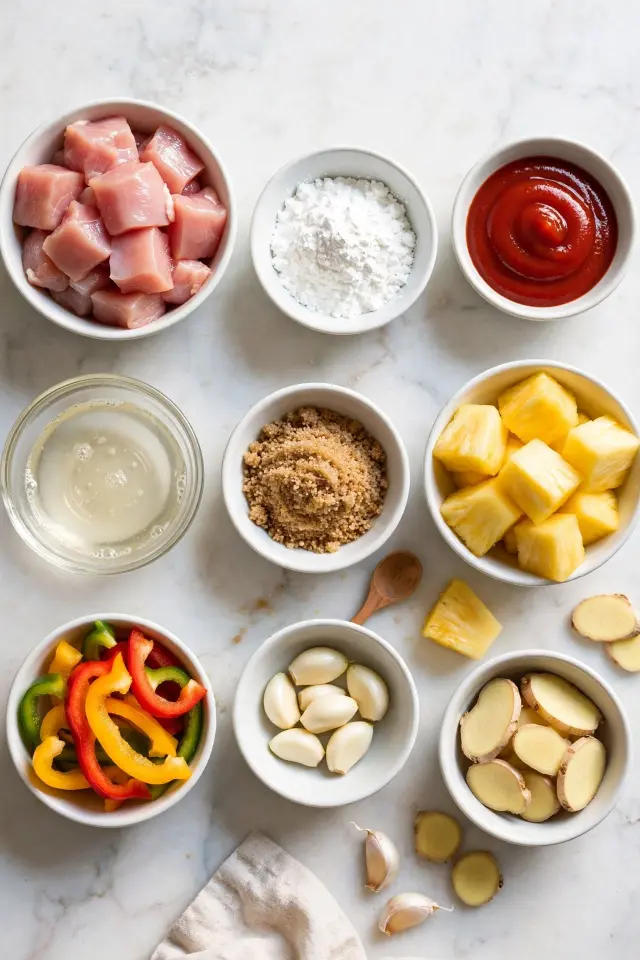 Ingredients for sweet and sour chicken arranged in small bowls on a marble counter