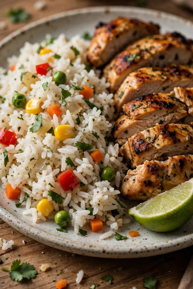 Plate of fluffy Guatemalan rice served with grilled chicken and a lime wedge