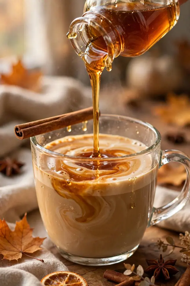 Pouring pumpkin spice syrup into a latte for a homemade fall coffee