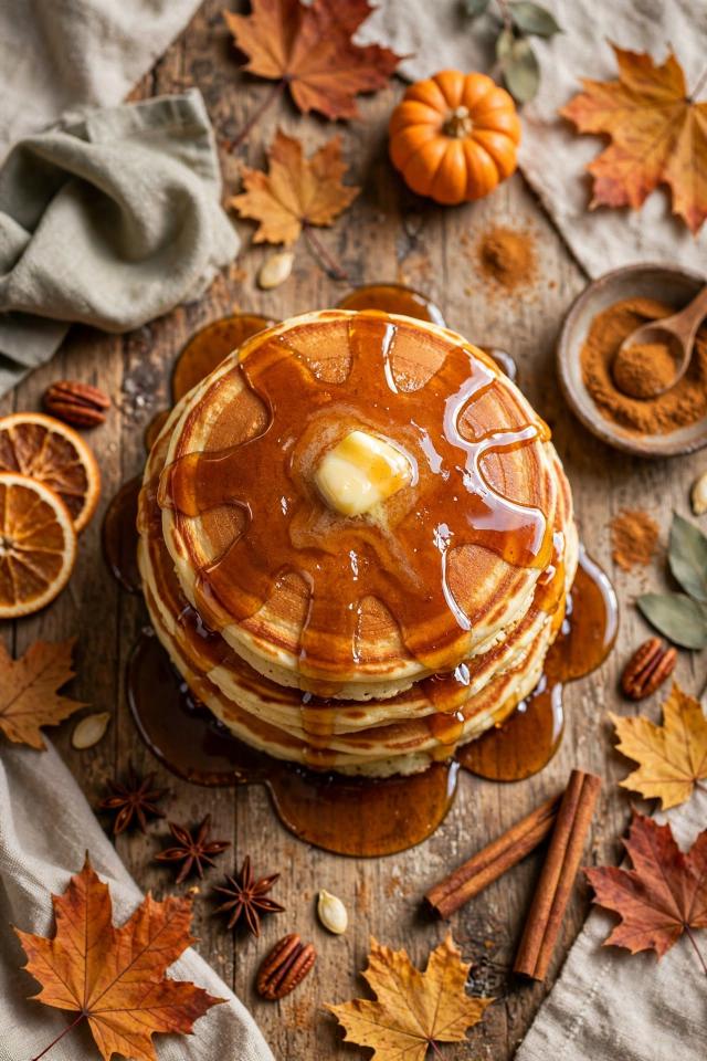 Pumpkin spice syrup drizzled over a stack of pancakes