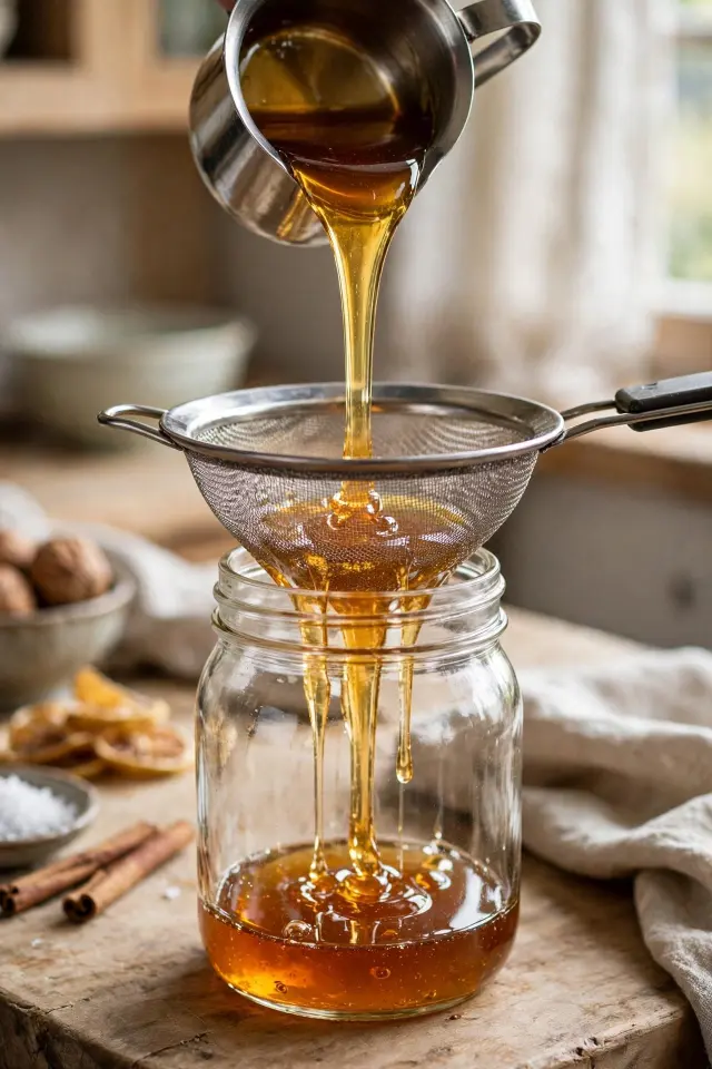 Straining homemade pumpkin spice syrup into a glass jar