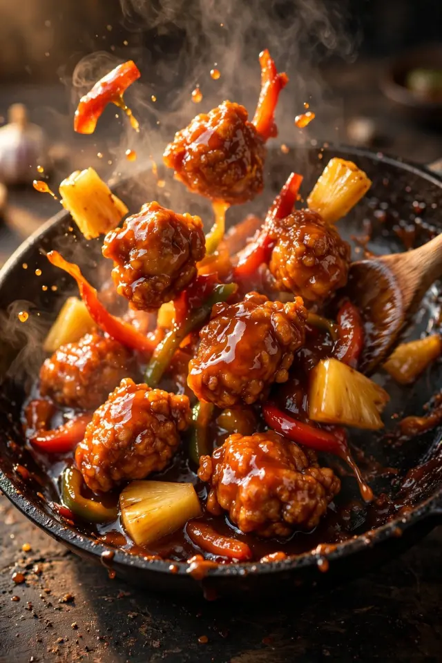 Tossing crispy chicken in glossy sweet and sour sauce in a skillet with peppers and pineapple