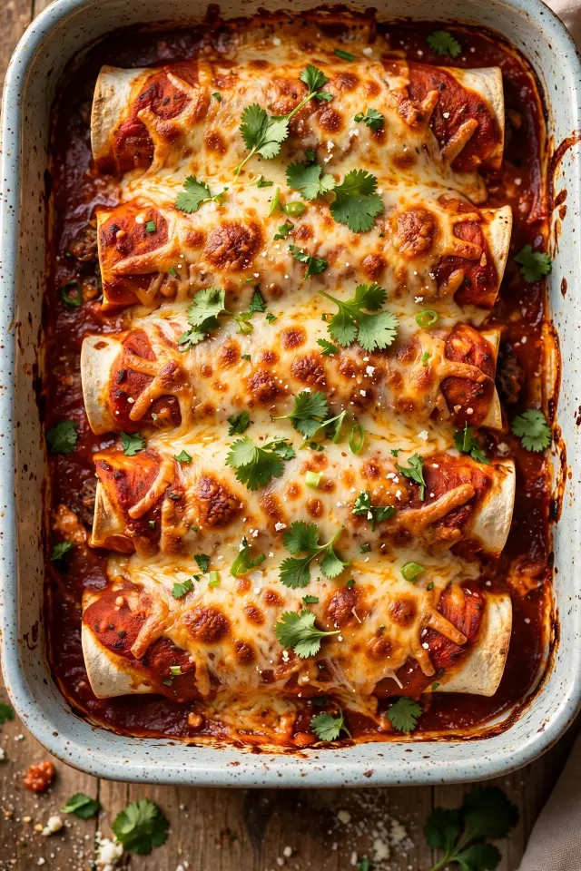 Cheesy ground beef enchiladas in baking dish