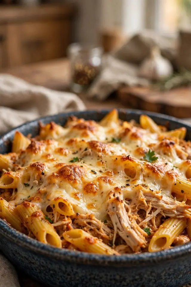 Cheesy baked shredded chicken alfredo pasta bake