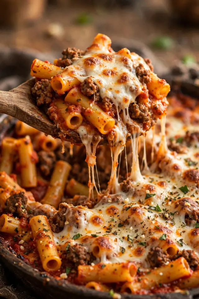  Beefy baked ziti casserole with bubbling mozzarella cheese