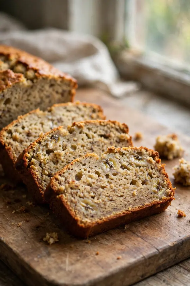 Sliced banana bread on a cutting board, moist crumb visible, soft window light