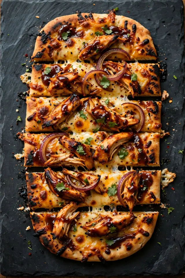 BBQ rotisserie chicken flatbread sliced and ready to serve