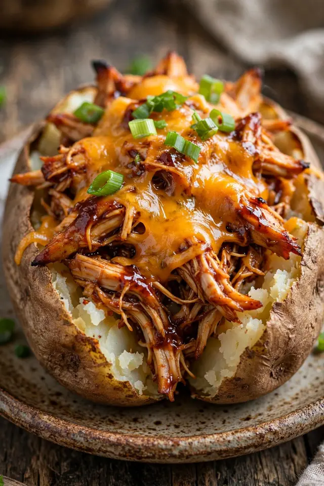 BBQ shredded chicken loaded baked potato with cheddar