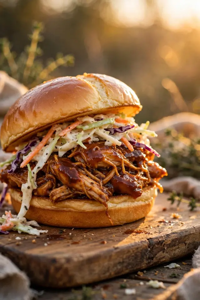BBQ pulled chicken sandwich with coleslaw on brioche bun