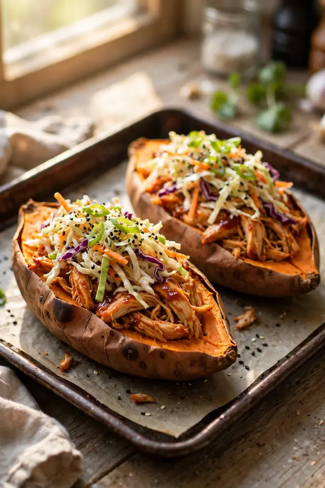 BBQ rotisserie chicken stuffed sweet potatoes