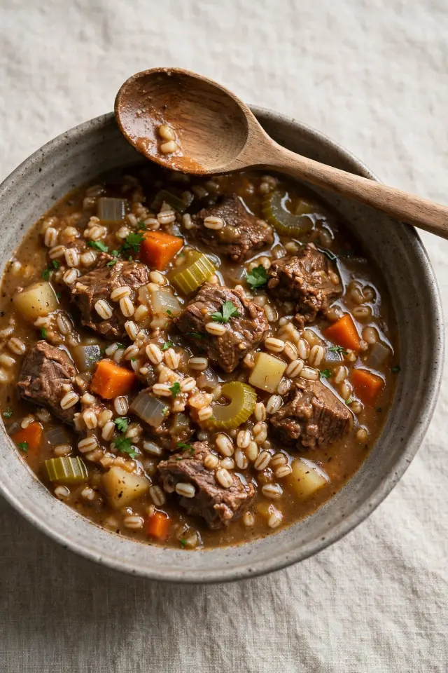 Beef and barley stew with tender chunks of beef
