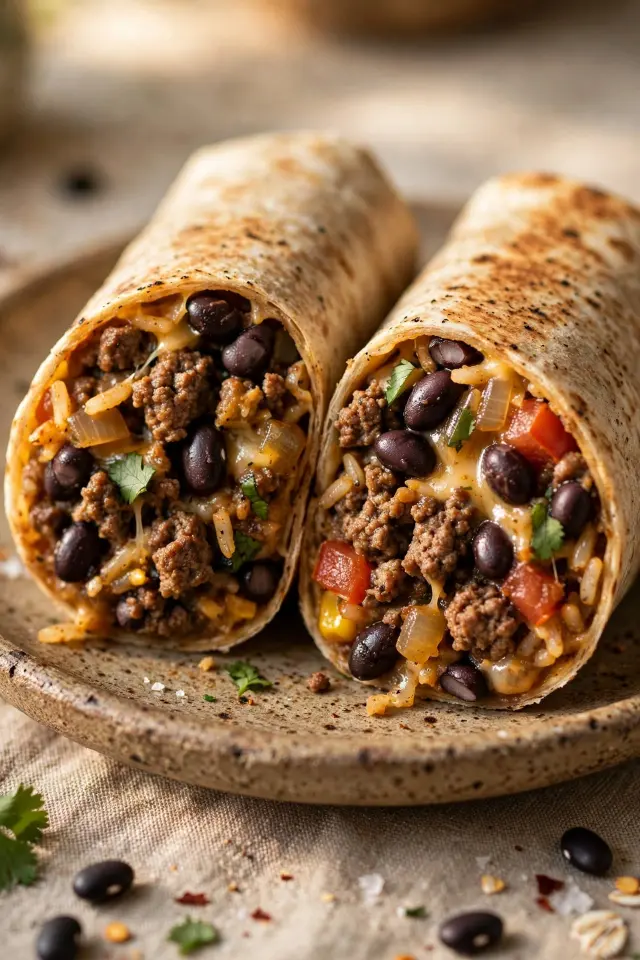 Ground beef and black bean burrito with rice and cheese