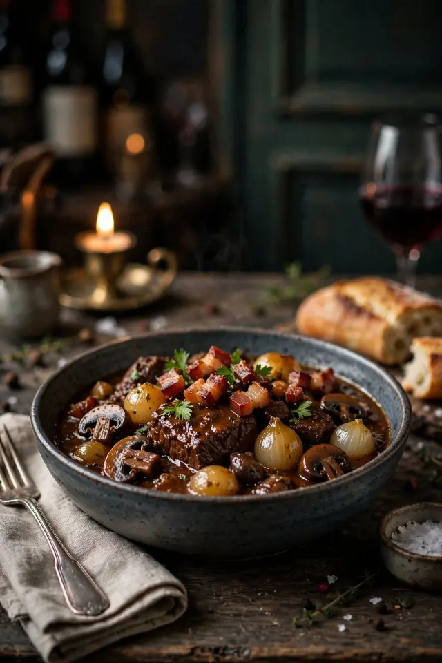 Beef bourguignon-style crock pot stew with bacon and pearl onions