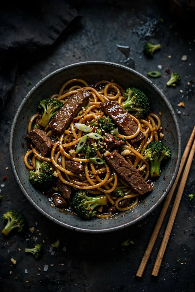 Ground beef and broccoli noodle bowl