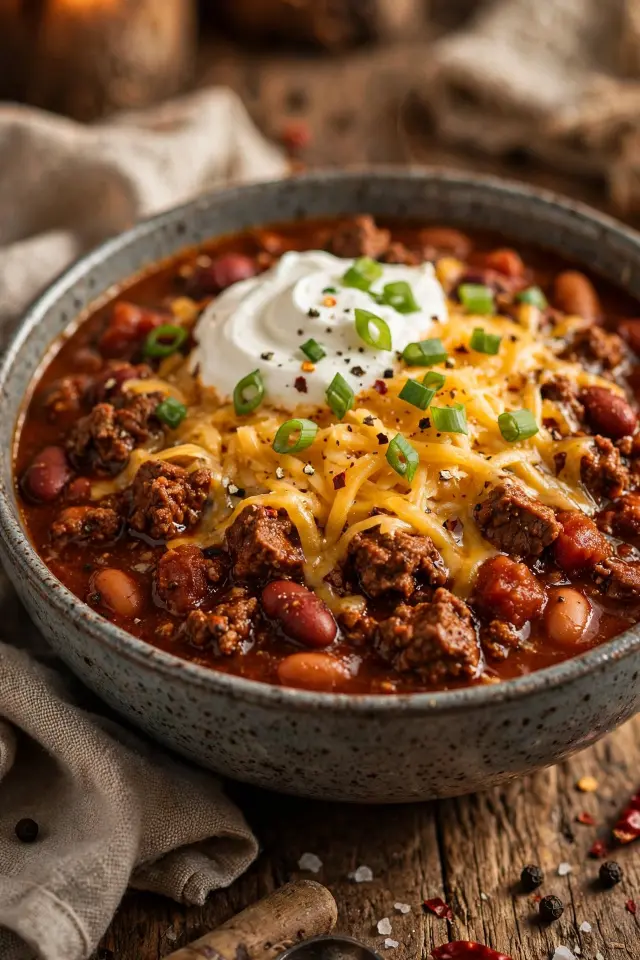  Beef and bean chili topped with cheese and sour cream