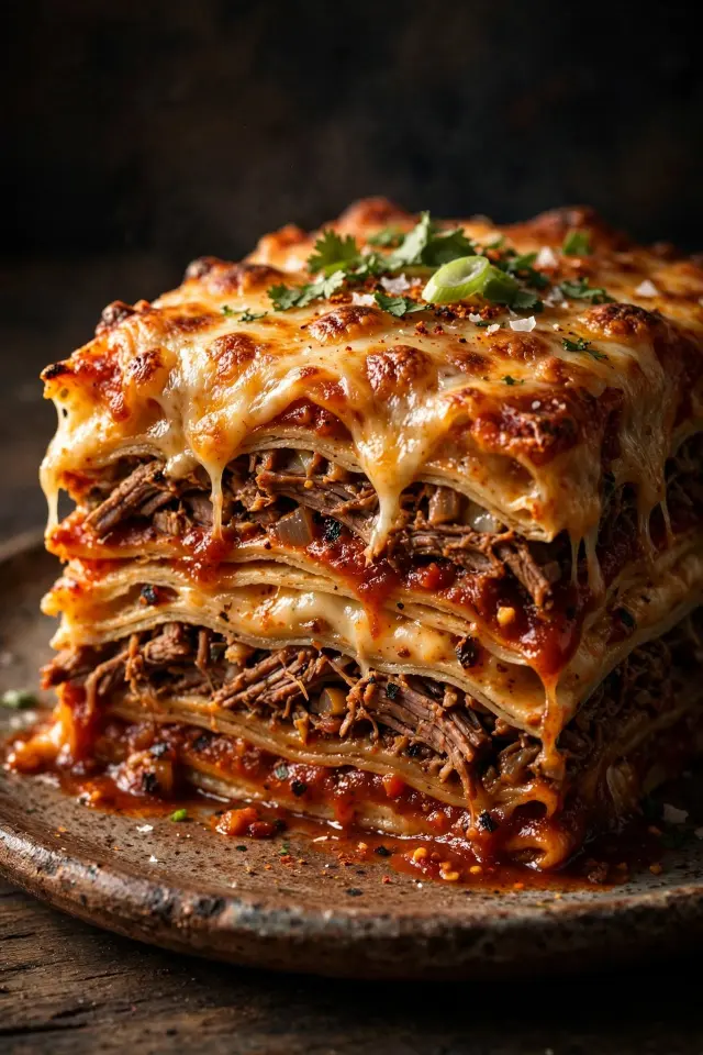 Sliced beef enchilada casserole with layered tortillas and cheese