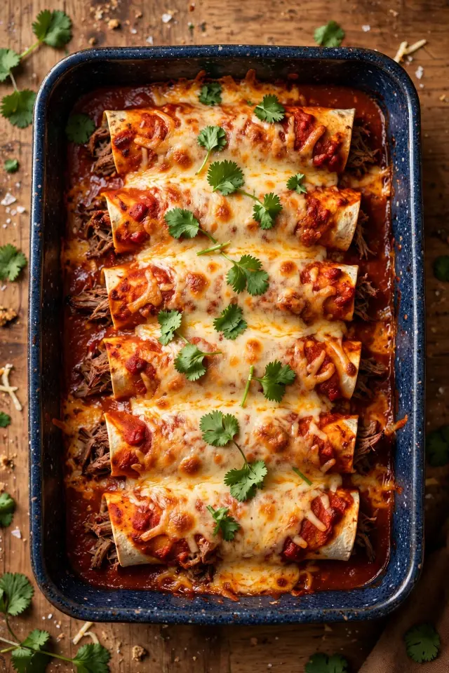 Baked ground beef enchiladas topped with melted cheese