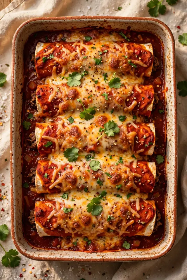 Baked beef enchiladas with red sauce and melted cheese