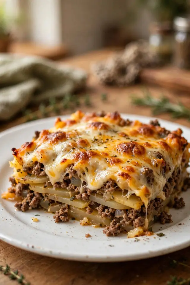 Ground beef and potato casserole slice on a plate