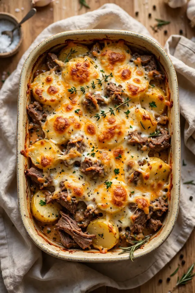Cheesy ground beef and potato casserole fresh from the oven