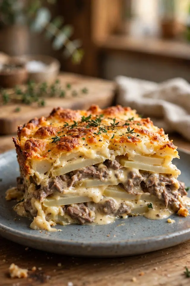 Baked ground beef and potato casserole slice on plate