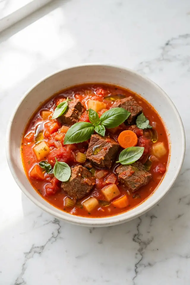 Tomato basil beef stew garnished with fresh basil leaves