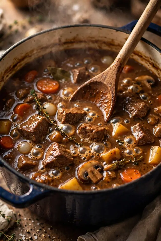 Simmering beef stew recipe in a Dutch oven on the stovetop