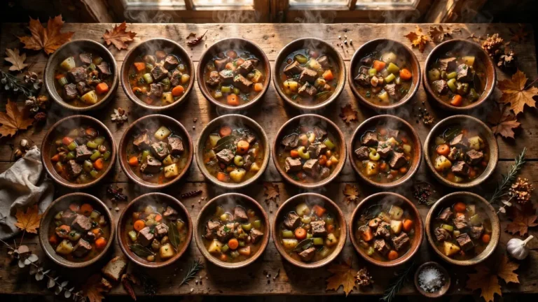 Collage of eighteen crock pot beef stew recipes in rustic bowls