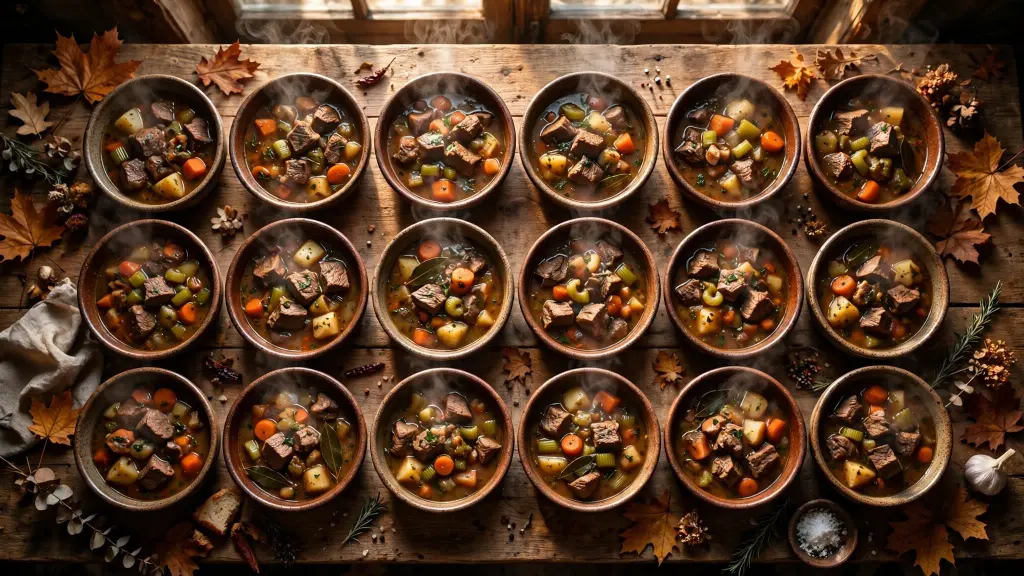 Collage of eighteen crock pot beef stew recipes in rustic bowls