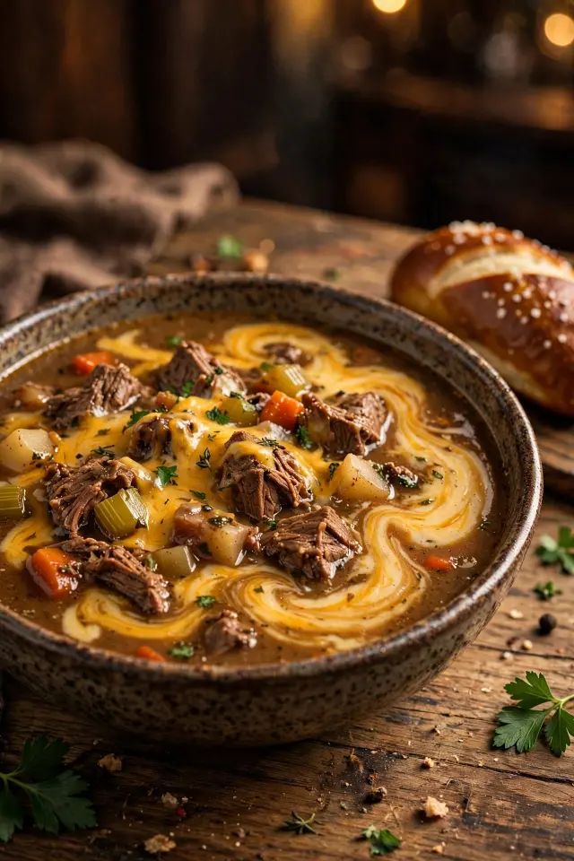 Beer and cheddar beef stew with melted cheese