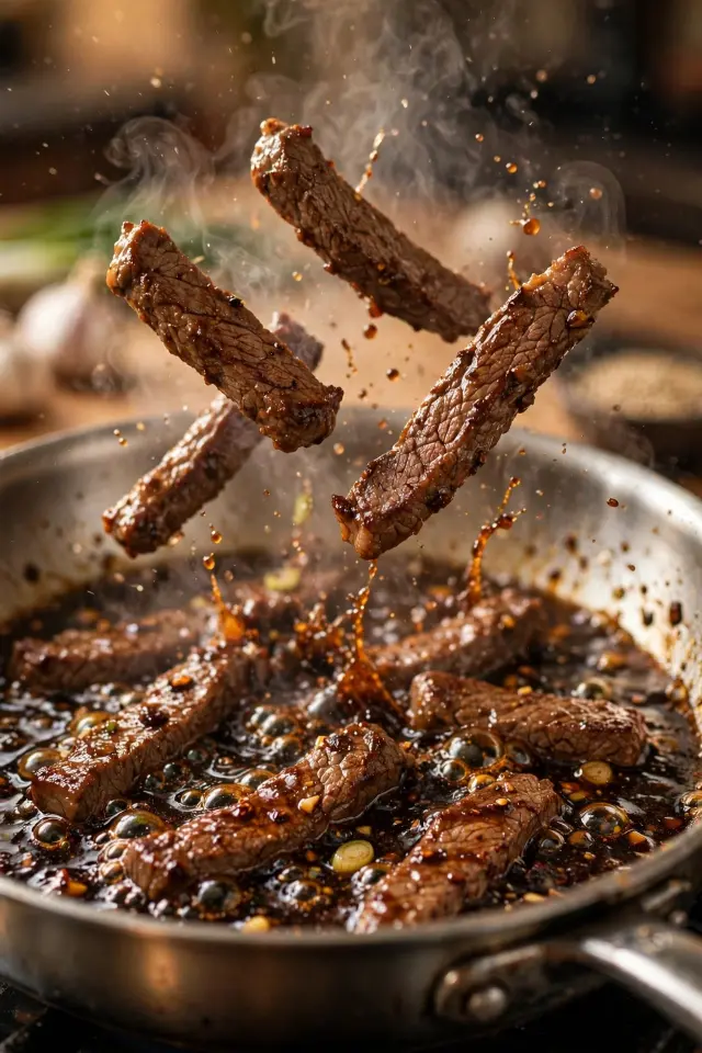 Tossing Mongolian beef strips in glossy sauce in a skillet