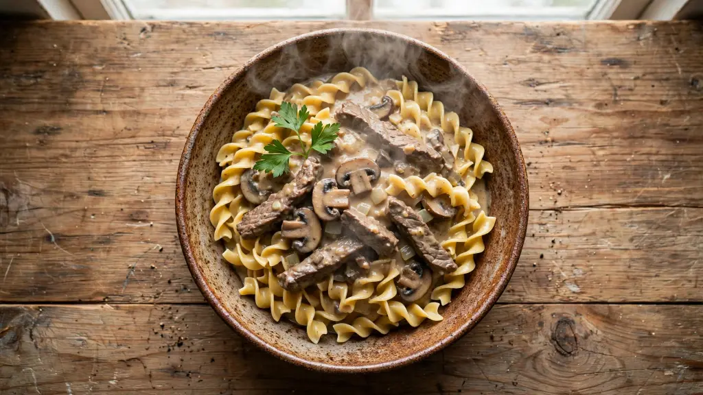 Creamy beef stroganoff recipe served over egg noodles in a rustic bowl