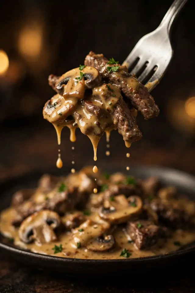 Close-up of creamy beef stroganoff recipe with tender beef and mushrooms