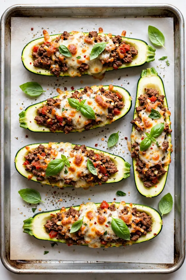 Beef-stuffed zucchini boats with melted mozzarella