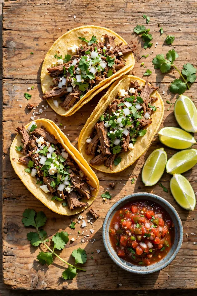 Classic ground beef tacos with fresh toppings and lime