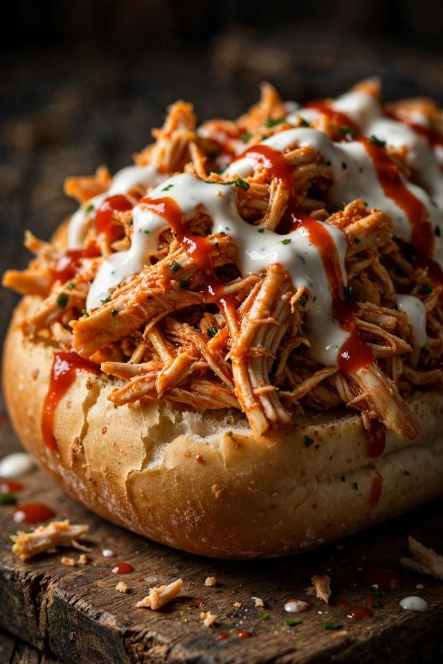 Buffalo ranch shredded chicken sandwich with ranch drizzle