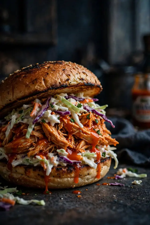 Buffalo shredded chicken sandwich with coleslaw on toasted bun