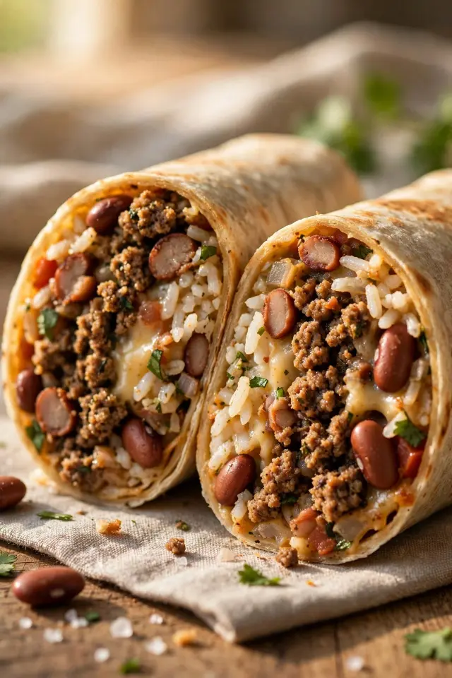 Ground beef and bean burrito sliced in half