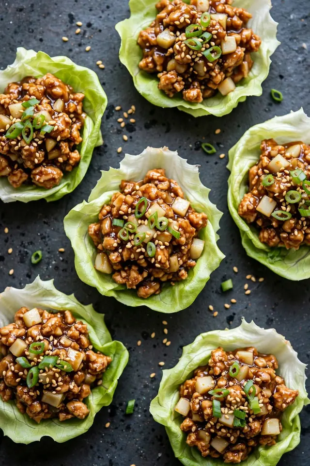 Ground chicken lettuce wraps with water chestnuts and sesame