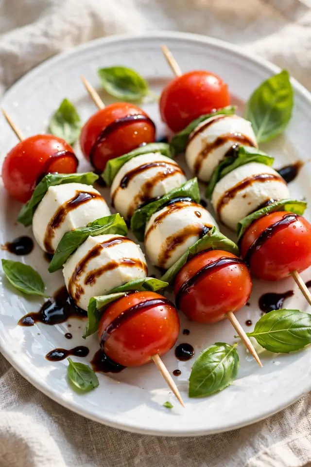 Caprese skewers with tomato, mozzarella, and basil