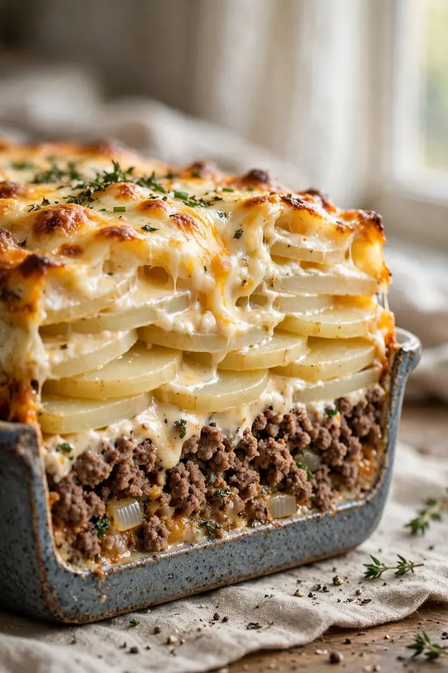 Layered ground beef and potato casserole with creamy cheese sauce