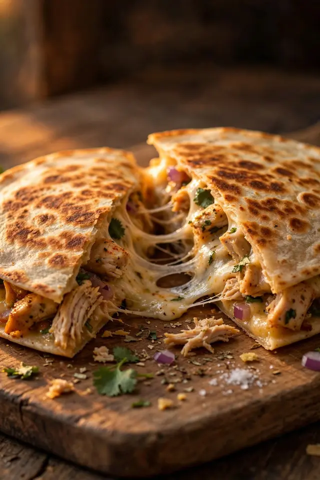 Crispy rotisserie chicken quesadilla sliced into wedges